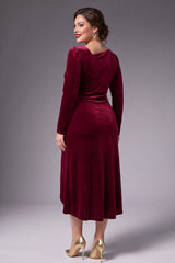 Curveins Plus Size Velvet Asymmetric One Shoulder Long Sleeve Ruched Slit Elegant Midi Dress