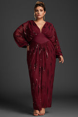 Curveins Plus Size V Neck Sequins Lantern Sleeve Slit Mesh Dress