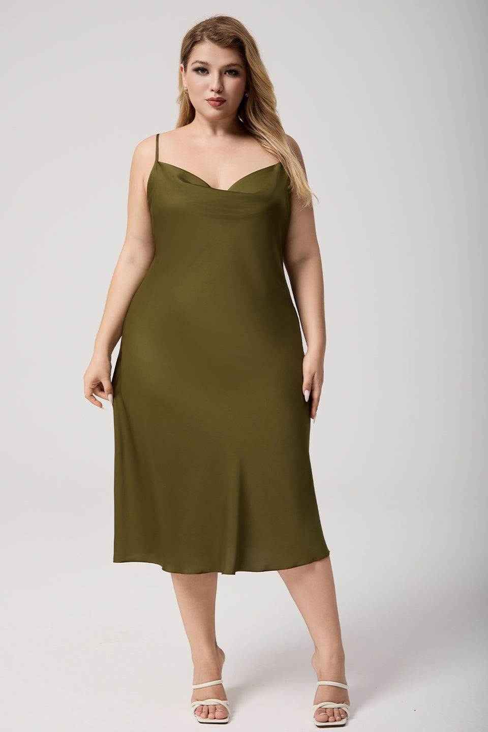 Curveins Plus Size Satin Cowl Neck Spaghetti Strap Loose Fit Sleep Dress