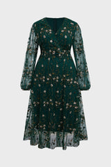 Curveins Plus Size V-Neck Ruffle Sleeve Embroidered Midi Dress