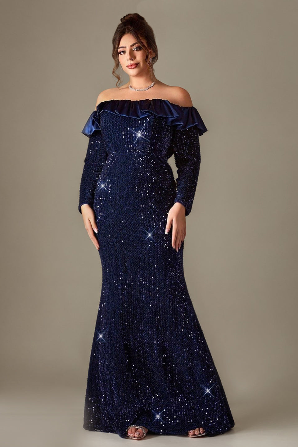 Curveins Plus Size Off-Shoulder Sparkling Sequin Fitted Mermaid Maxi Dress