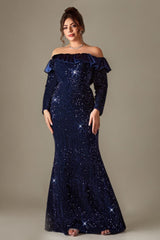 Curveins Plus Size Off-Shoulder Sparkling Sequin Fitted Mermaid Maxi Dress