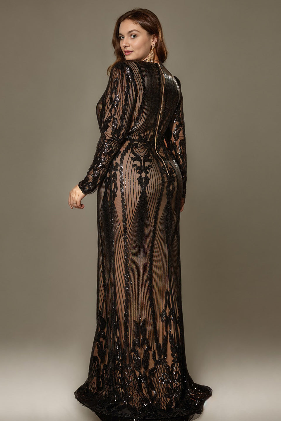 Curveins Elegant Plus Size V-Neck Floral Long Sleeve Bodycon Dress