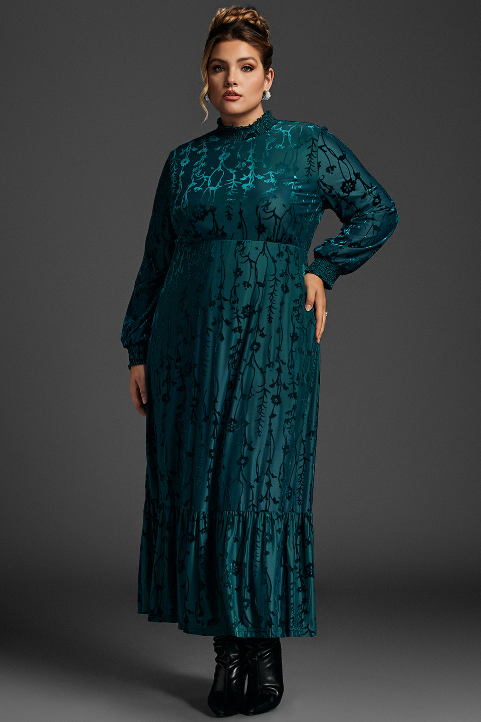 Curveins Plus Size Navy Blue Floral Velvet Maxi Dress