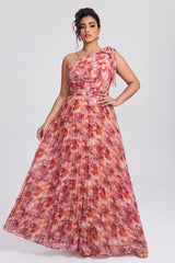 Curveins Plus Size One Shoulder Striped Cinched Waist Elegant Flowing Maxi Dress
