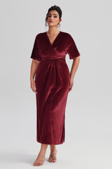 Curveins Plus Size Elegant Velvet V-Neck Shirred Maxi Dress