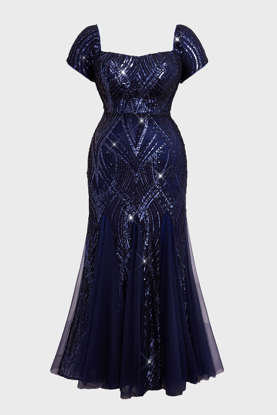 Curveins Plus Size Square Neck Short Sleeve Sequin Bodycon Maxi Dress