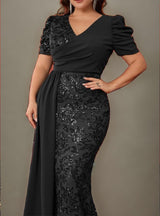 Curveins Plus Size V-Neck Sequin Patchwork Pattern Maxi Dress