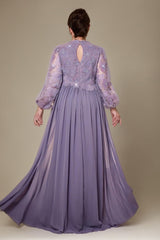 Curveins Plus Size High Neck Lantern Sleeve Embroidered Panel Maxi Dress