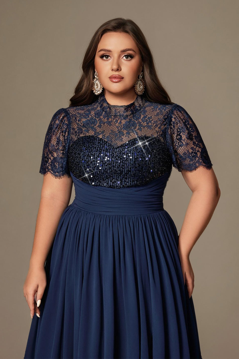 Curveins Plus Size Round Neck Embroidered Sequin-Detail Split Long Dress