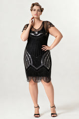 Curveins 1920s Black Pearl Plus Size Vintage Beaded Sequin Flapper Dress
