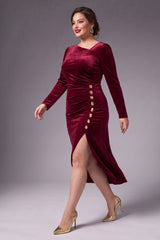 Curveins Plus Size Velvet Asymmetric One Shoulder Long Sleeve Ruched Slit Elegant Midi Dress