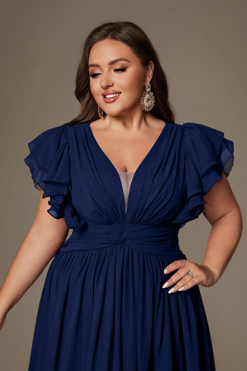 Curveins Plus Size V-Neck Ruffle Sleeve Split A-Line Maxi Dress