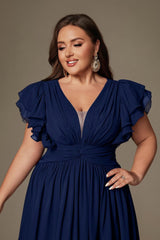 Curveins Plus Size V-Neck Ruffle Sleeve Split A-Line Maxi Dress