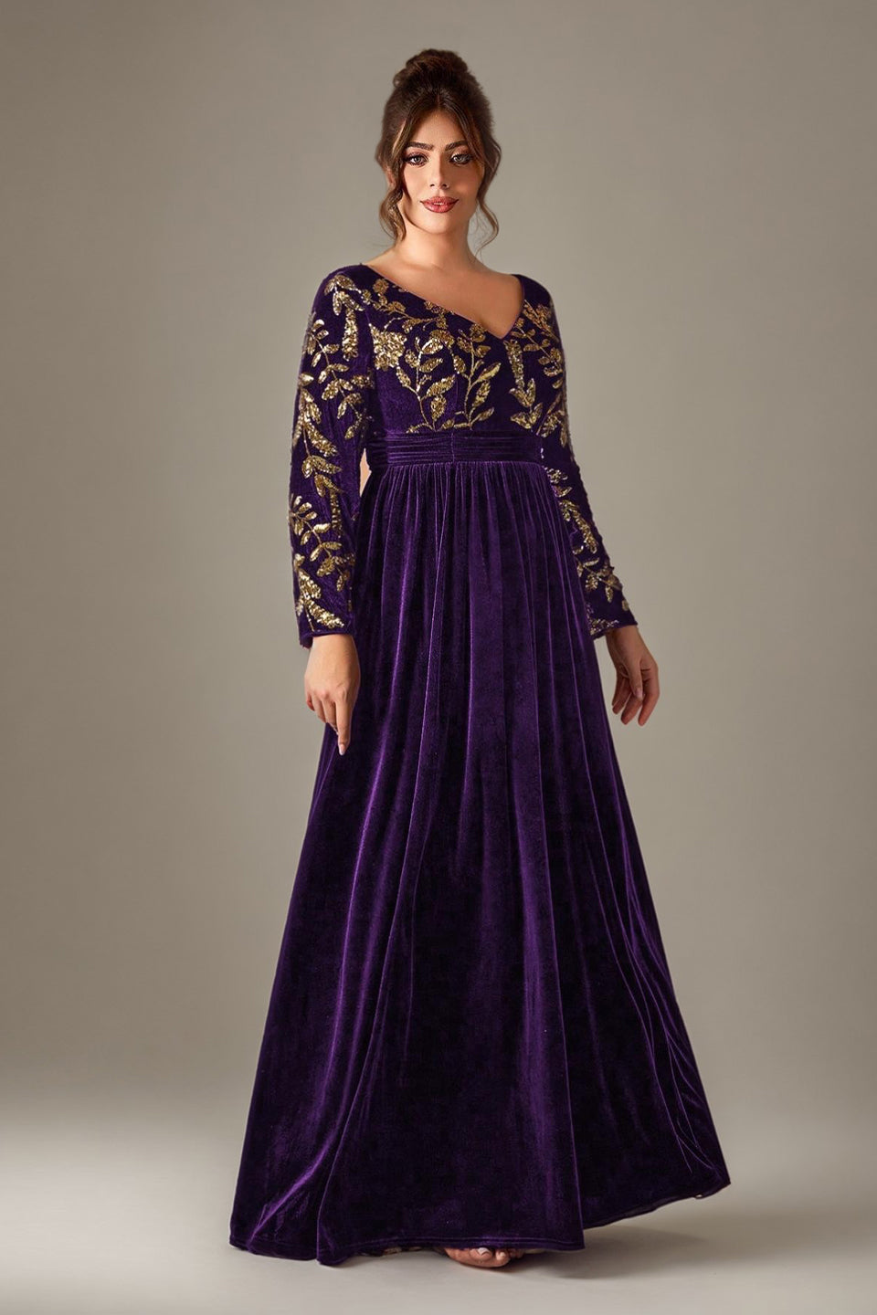 Curveins Plus Size V-Neck Long Sleeve Sequin Floral Embellished Velvet Evening Gown