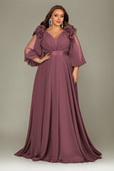 Curveins Plus Size Elegant V-Neck Batwing Sleeve Waist-Hugging Long Dress