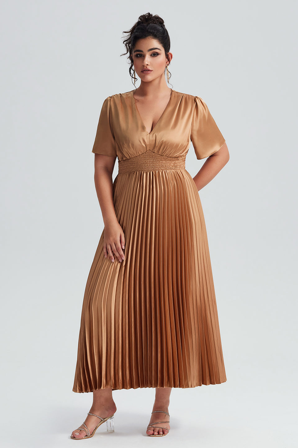 Curveins Plus Size Satin Ruched Elegant V-Neck Maxi Dress