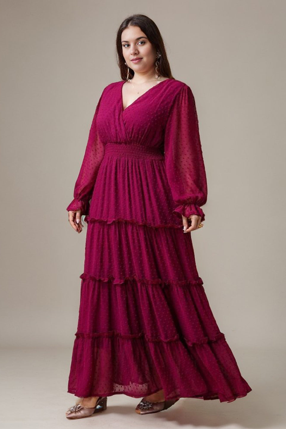 Curveins Elegant Plus Size V-Neck Lantern Sleeve Tiered Maxi Dress