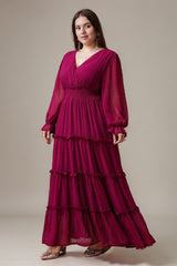 Curveins Elegant Plus Size V-Neck Lantern Sleeve Tiered Maxi Dress