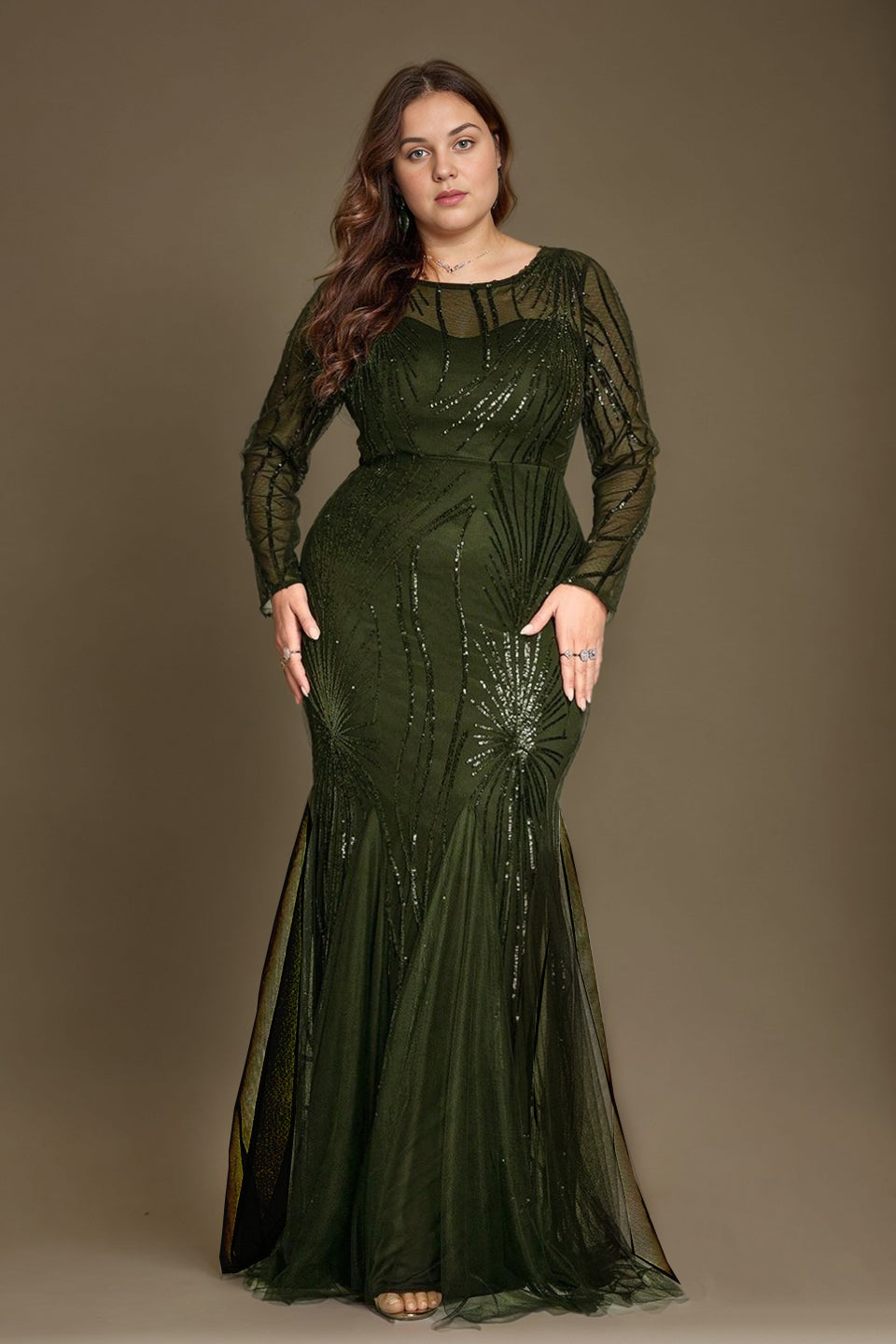 Curveins Plus Size Round Neck Long Sleeve Sequin Bodycon Maxi Dress