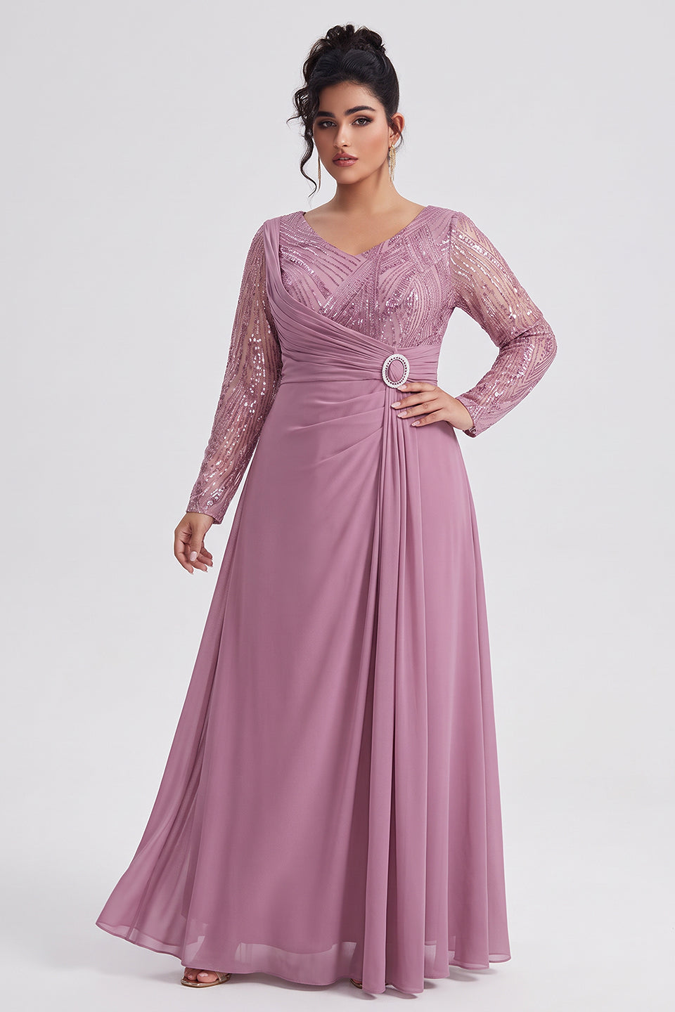 Curveins Plus Size V Neck Long Sleeve Sequin Cinched Waist Elegant Maxi Dress