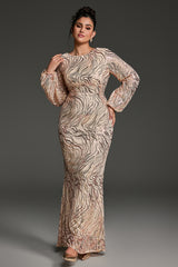 Curveins Plus Size Round Neck Puff Sleeve Striped Sequin Bodycon Maxi Dress