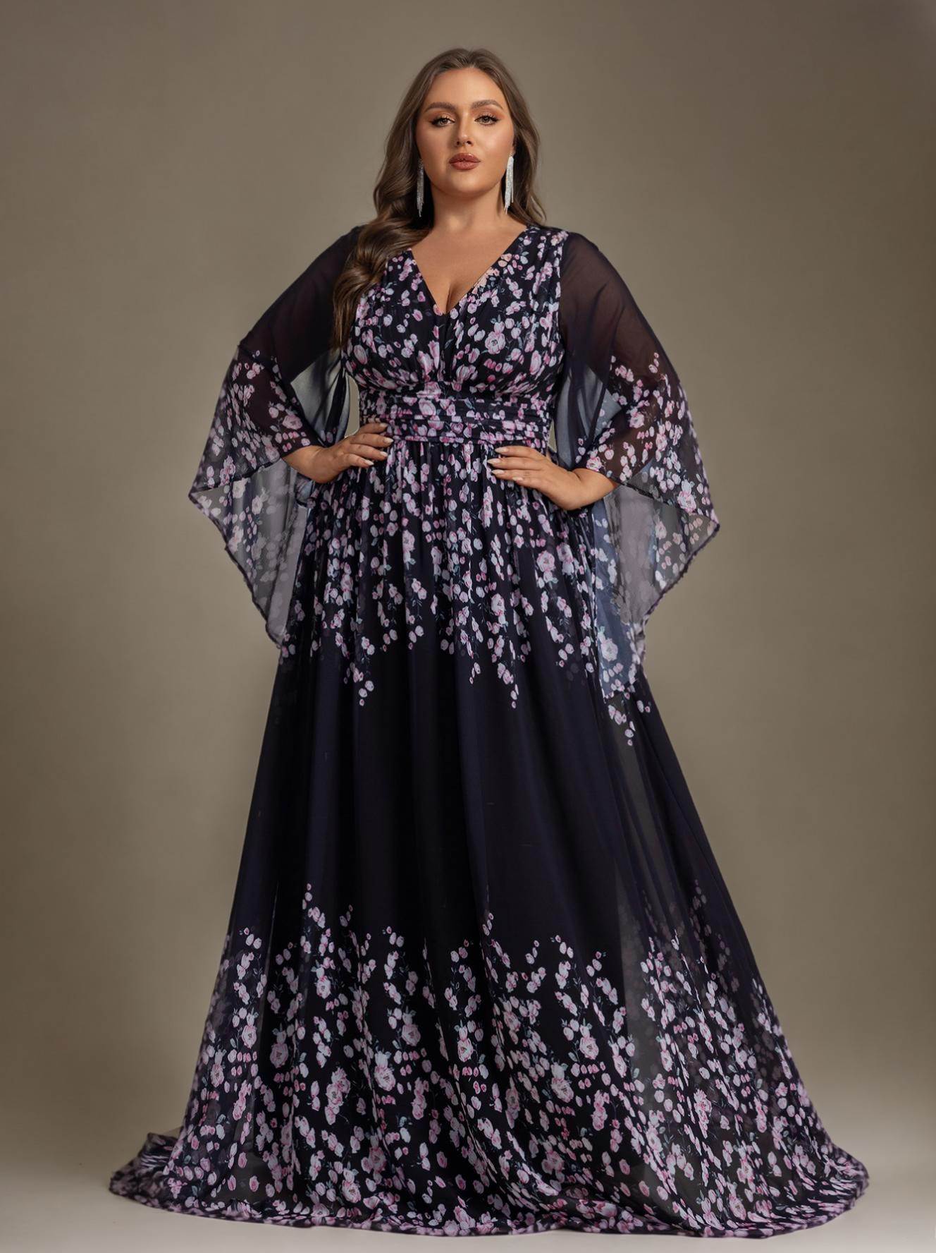 Curveins Elegant Plus Size V-Neck Batwing Sleeve Long Dress with Floral Print