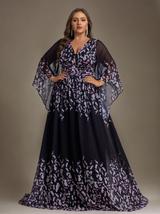 Curveins Elegant Plus Size V-Neck Batwing Sleeve Long Dress with Floral Print