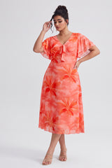 Curveins Plus Size V Neck Batwing Sleeve Flowy Elegant Midi Dress
