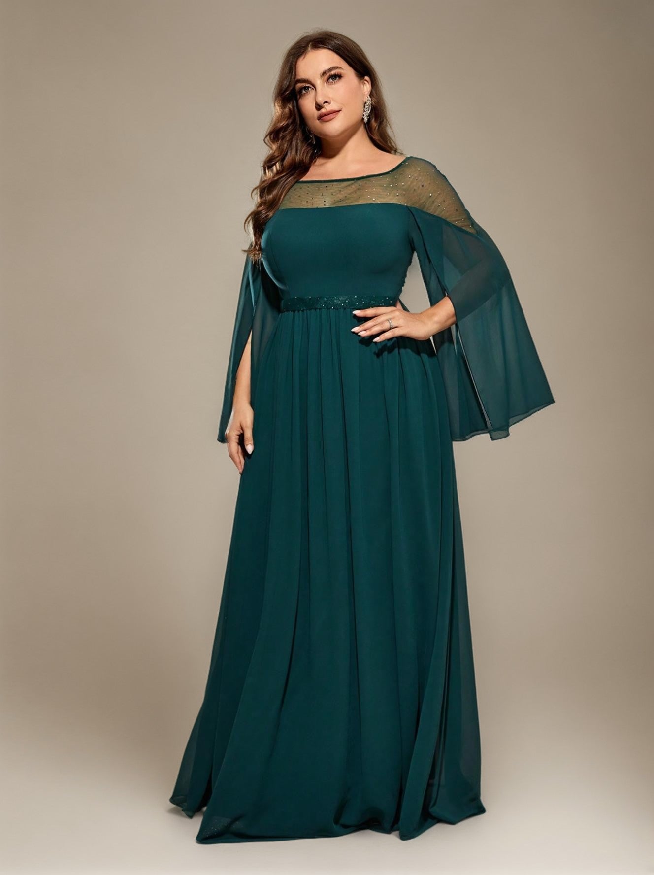 Curveins Plus Size Round Neck Long Sleeve Cinched Waist Maxi Dress
