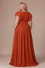 Curveins Plus Size V-Neck Ruffle Sleeve Split A-Line Maxi Dress