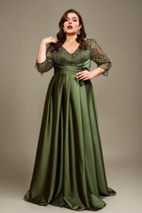 Curveins Plus Size Elegant V-Neck Embroidery Half-Sleeve Slimming Maxi Dress