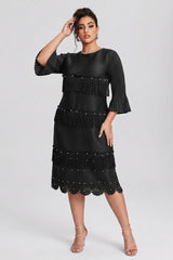 Curveins Plus Size Round Neck Fringe Detail Elegant Loose Pleated Midi Dress