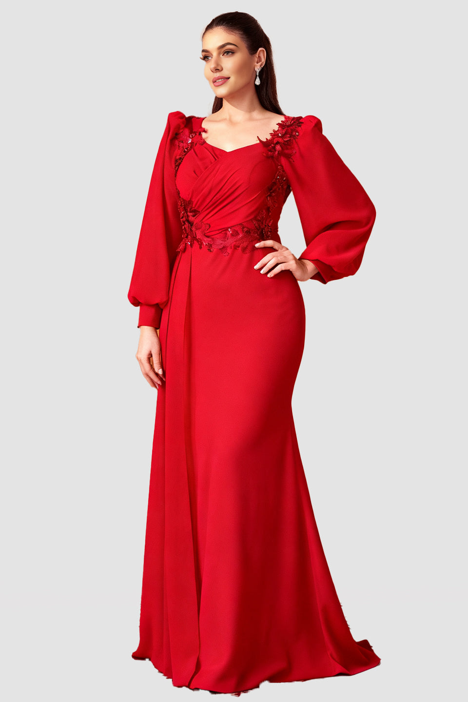 Curveins Plus Size Elegant V-Neck Sequin Floral Lantern Sleeve Slimming Maxi Dress