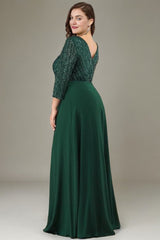 Curveins Plus Size Elegant Sequin Mid-Sleeve V-Neck Chiffon Flowy Maxi Dress