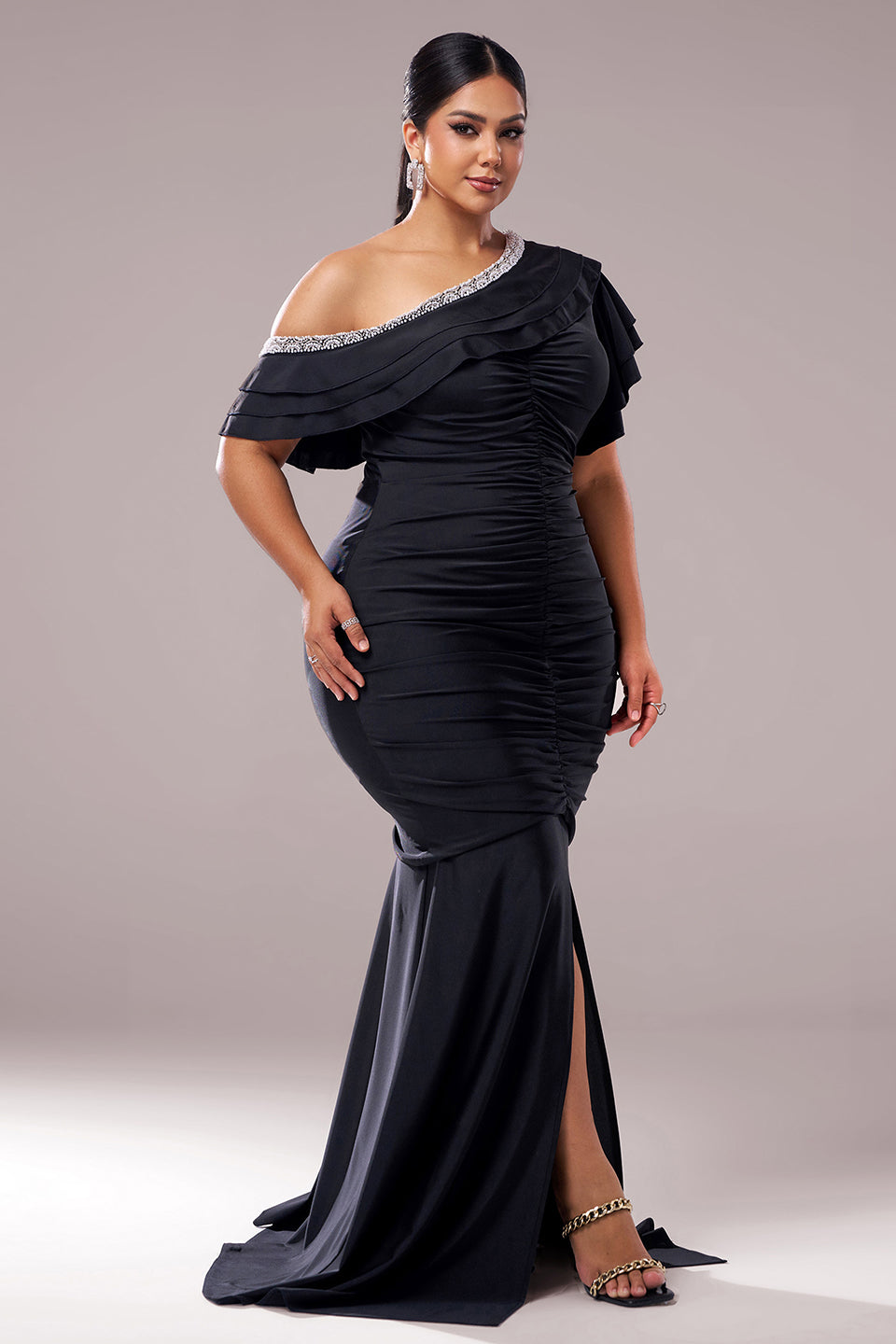 Curveins Plus Size Asymmetric Shoulder Slim-Fit Front Slit Long Dress