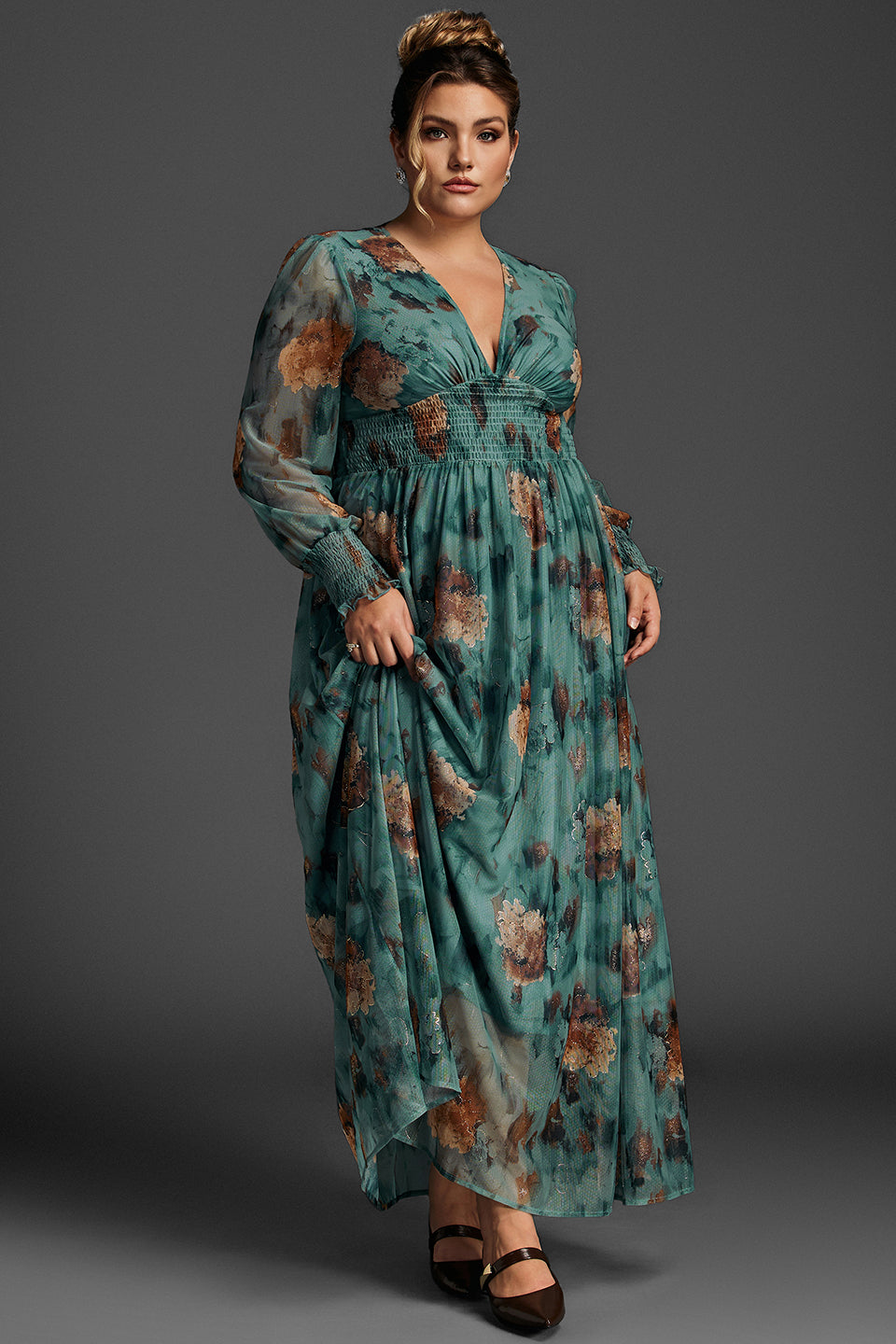 Curveins Plus Size V-Neck Floral Mesh Maxi Dress