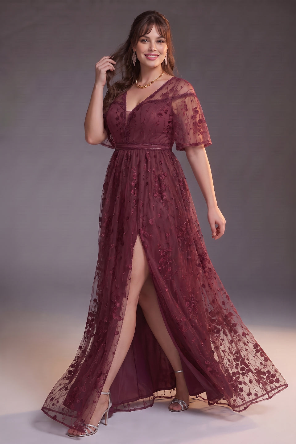 Curveins Plus Size V Neck Batwing Sleeve Floral Print Side Slit Flowy Maxi Dress