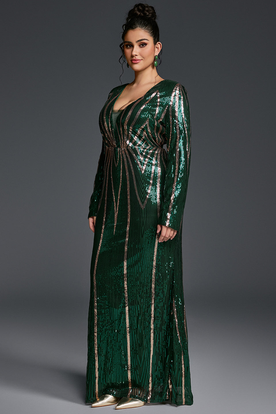 Curveins Plus Size V-Neck Long Sleeve Spider Web Sequin Bodycon Maxi Dress