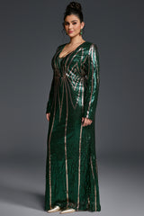 Curveins Plus Size V-Neck Long Sleeve Spider Web Sequin Bodycon Maxi Dress