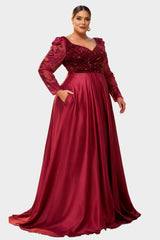 Curveins Plus Size V-Neck Long Sleeve Patterned Sequin Panel Maxi Dress