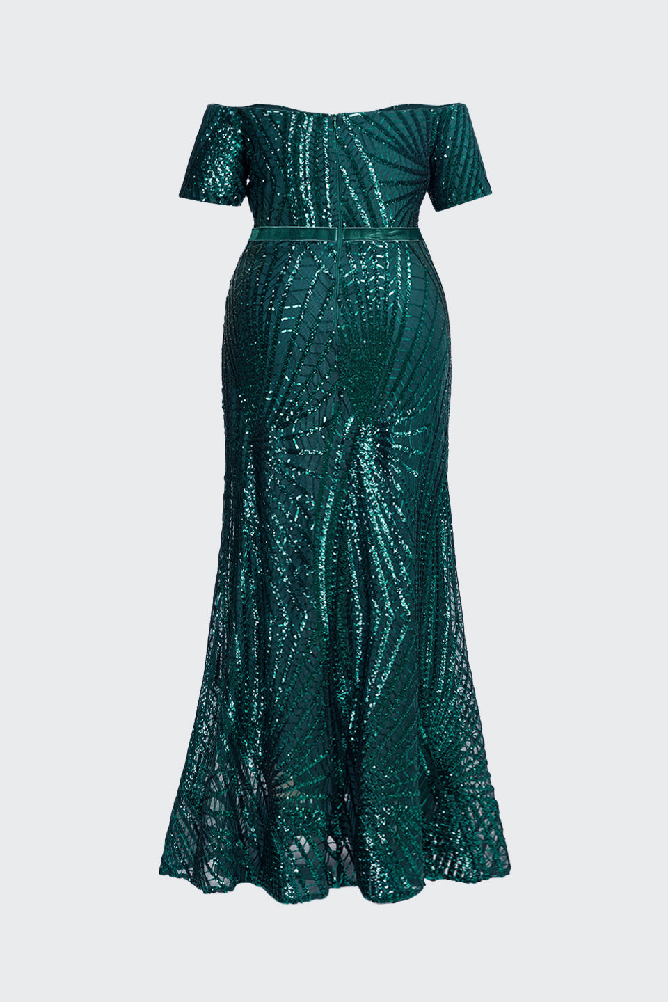 Curveins Plus Size Off Shoulder Striped Sequin Cinched Waist Evening Maxi Dress