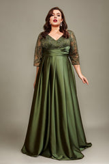 Curveins Plus Size Elegant V-Neck Embroidery Half-Sleeve Slimming Maxi Dress