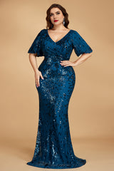 Curveins Plus Size V-Neck Batwing Sleeve Floral Sequin Bodycon Maxi Dress