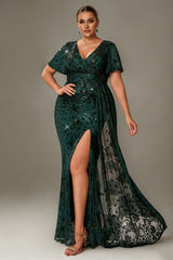 Curveins Plus Size V-Neck Batwing Sleeve Sequin Detail Maxi Dress with Side Train