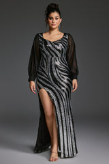 Curveins Plus Size V-Neck Sheer Sleeve Striped Sequin Bodycon Maxi Dress With Slit