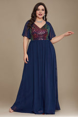 Curveins Plus Size V-Neck Batwing Sleeve Waist-Defined Sequin Patchwork Dress