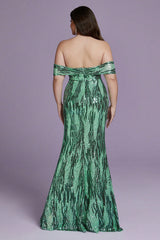 Curveins Plus Size Off-Shoulder Bodycon Sequin Maxi Dress with Textured Detailing