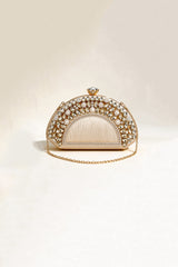 Curveinse Champagne Gold Rhinestone Fan Evening Clutch Bag