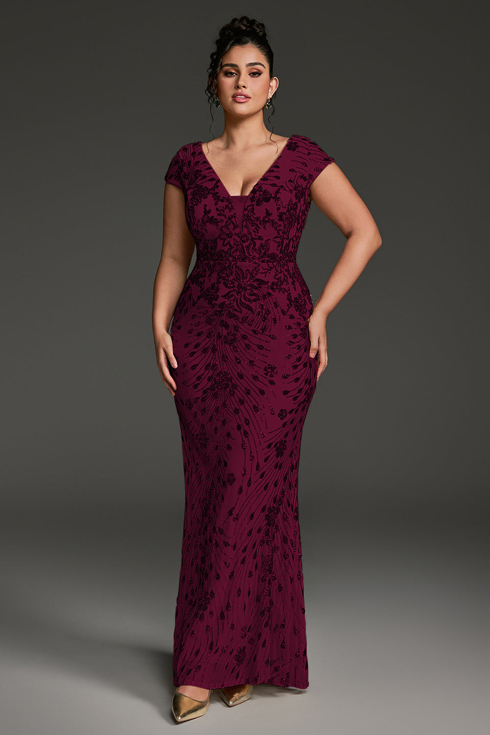 Curveins Plus Size One-Shoulder Side Slit and Waist Cinch Maxi Dress